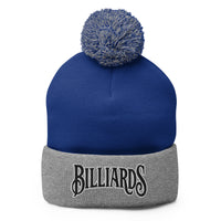Gray pom-pom beanie with Billiards Pool Hall embroidered artwork, front view