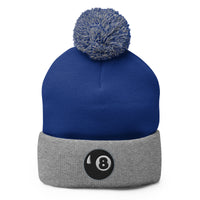 Gray pom-pom beanie with Black 8 Ball Billiards embroidered artwork, front view