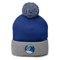Gray pom-pom beanie with 10 Ball Billiards embroidered artwork, front view