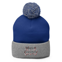 Gray pom-pom beanie with Morbid Curiosity embroidered artwork, front view