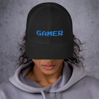 Navy trucker hat featuring 8 Bit Gamer Embroidered Retro embroidered artwork, product image 3