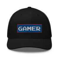 Black trucker hat featuring 80's Retro Style 8 Bit Gamer embroidered artwork, product image 1