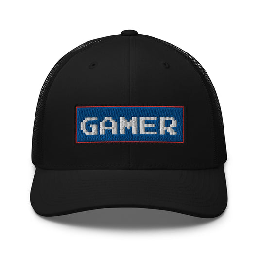 Black trucker hat featuring 80's Retro Style 8 Bit Gamer embroidered artwork, product image 1