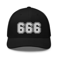 Navy trucker hat featuring White 666 Number of the Beast Embroidered Retro embroidered artwork, product image 3