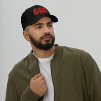 Navy trucker hat featuring Red 666 Number of the Beast Embroidered Retro embroidered artwork, product image 3