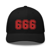 Navy/ White trucker hat featuring Red 666 Number of the Beast Embroidered Retro embroidered artwork, product image 4