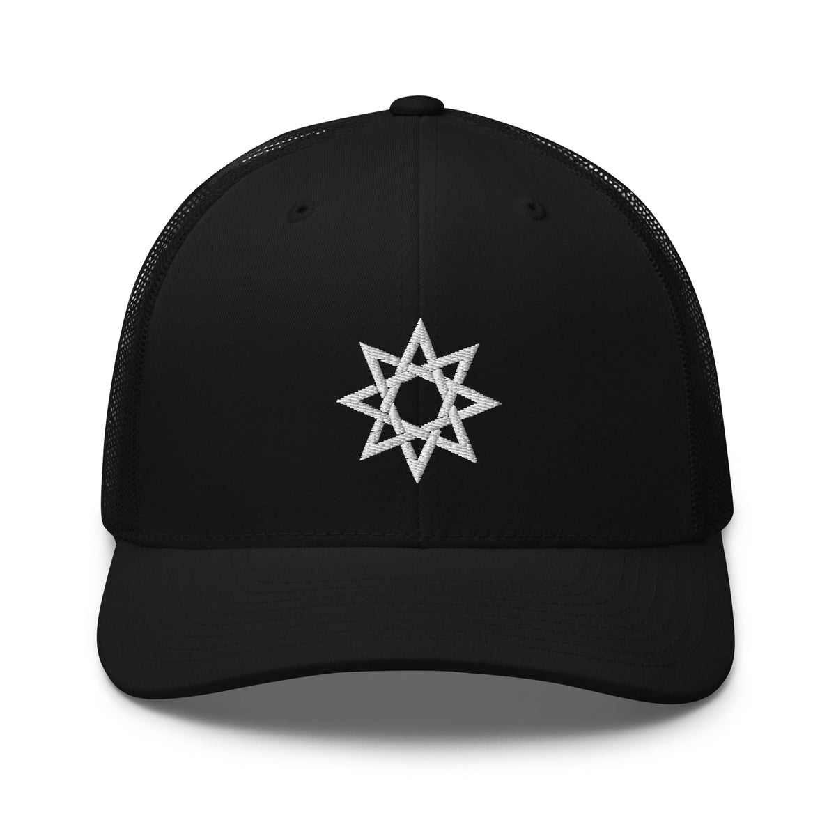 Black/ White trucker hat featuring White 8 Point Star Octagram Anu God Embroidered Retro embroidered artwork, product image 2