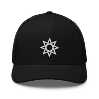 Black/ White trucker hat featuring White 8 Point Star Octagram Anu God Embroidered Retro embroidered artwork, product image 2