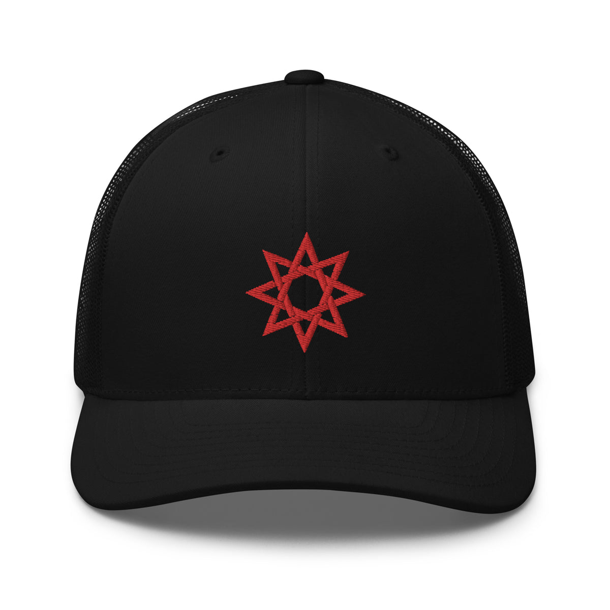 Navy/ White trucker hat featuring Red 8 Point Star Octagram Anu God Embroidered Retro embroidered artwork, product image 4