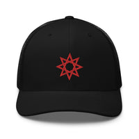 Navy/ White trucker hat featuring Red 8 Point Star Octagram Anu God Embroidered Retro embroidered artwork, product image 4