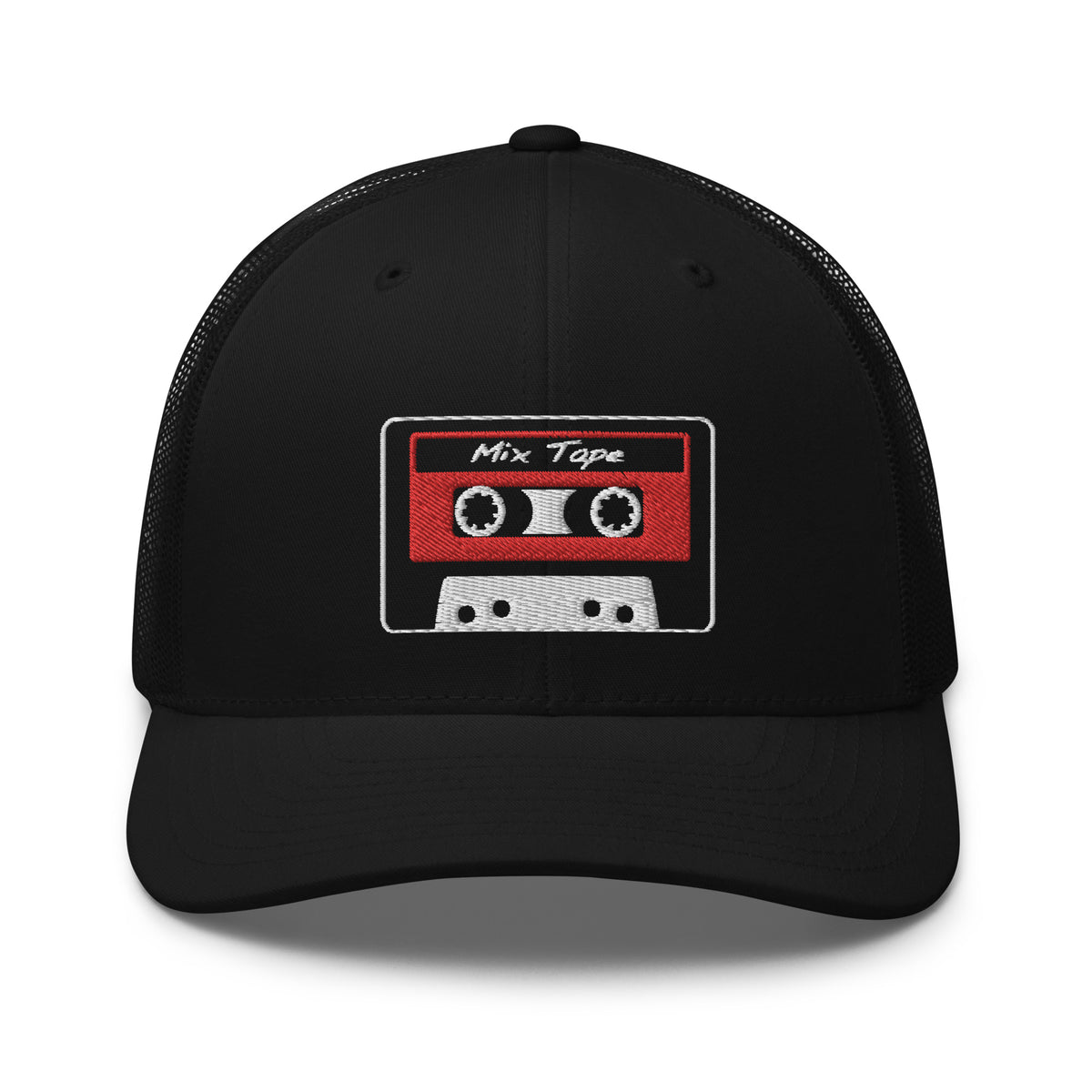 Navy trucker hat featuring 80's Style Retro Cassette Mix Tape Embroidered Retro embroidered artwork, product image 3
