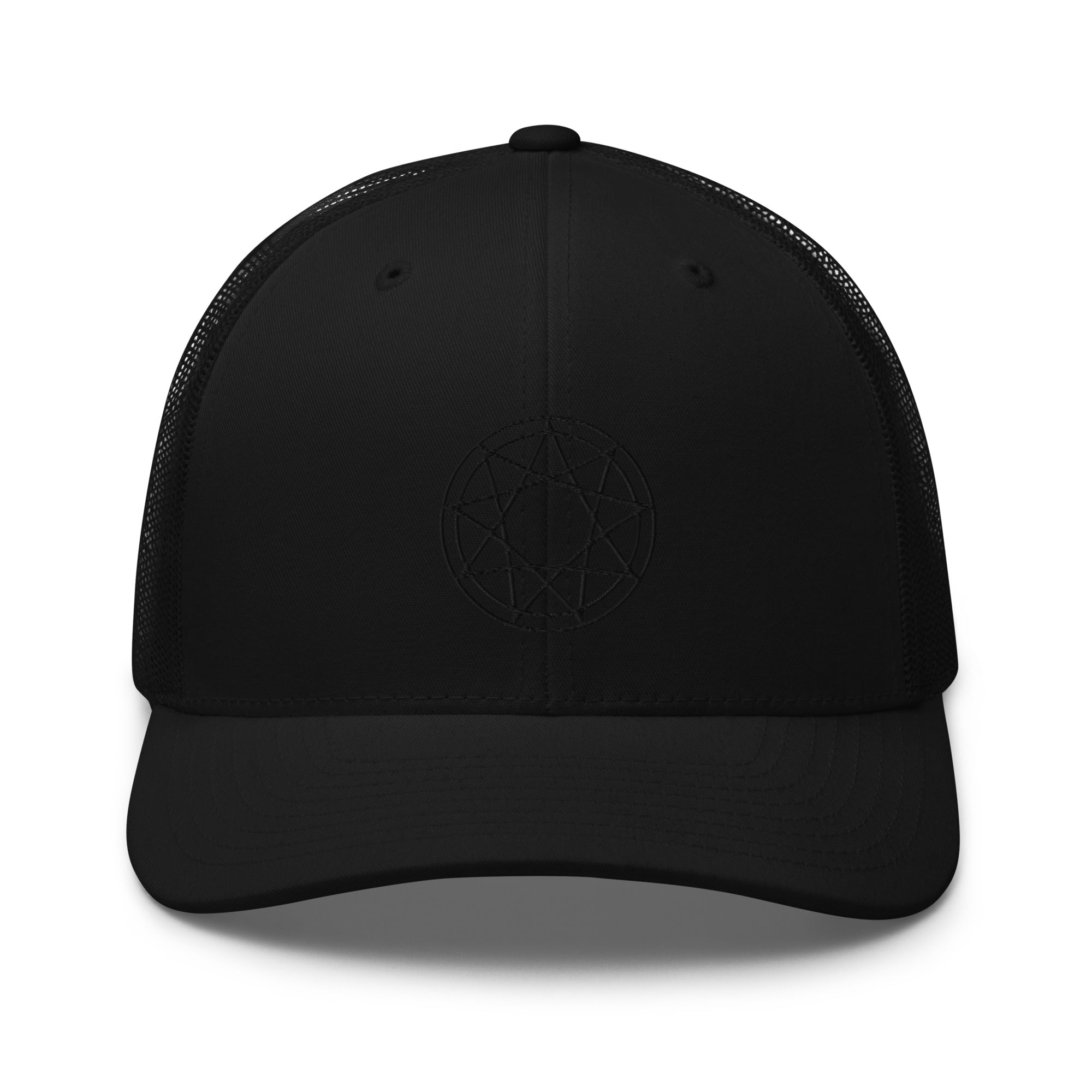 Black 9 Point Star Pentagram Occult Symbol Embroidered Retro Trucker Cap Snapback Hat