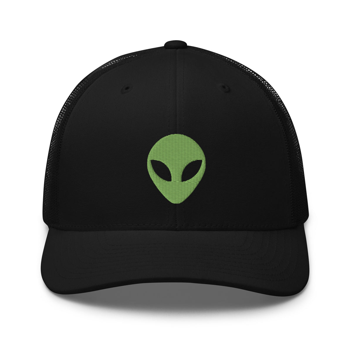 Black/ White trucker hat featuring Alien Face Little Green Men Embroidered Retro embroidered artwork, product image 2