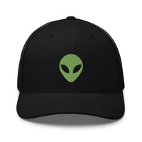 Black/ White trucker hat featuring Alien Face Little Green Men Embroidered Retro embroidered artwork, product image 2