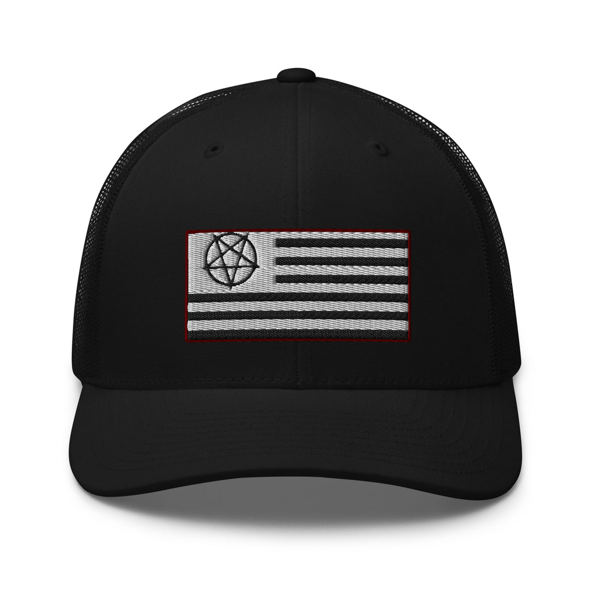 Black/ White trucker hat featuring American Satanist Pentagram U.S. Flag embroidered artwork, product image 2