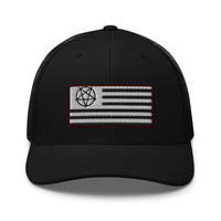 Black/ White trucker hat featuring American Satanist Pentagram U.S. Flag embroidered artwork, product image 2