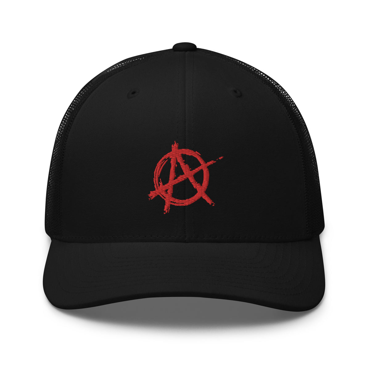 Black/ White trucker hat featuring Red Anarchy Sign Punk Rock Chaos Embroidered Retro embroidered artwork, product image 2