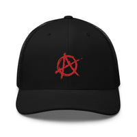 Black/ White trucker hat featuring Red Anarchy Sign Punk Rock Chaos Embroidered Retro embroidered artwork, product image 2