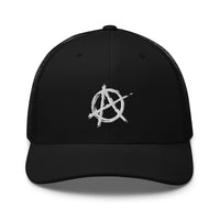 Black/ White trucker hat featuring White Anarchy Sign Punk Rock Chaos Embroidered Retro embroidered artwork, product image 2