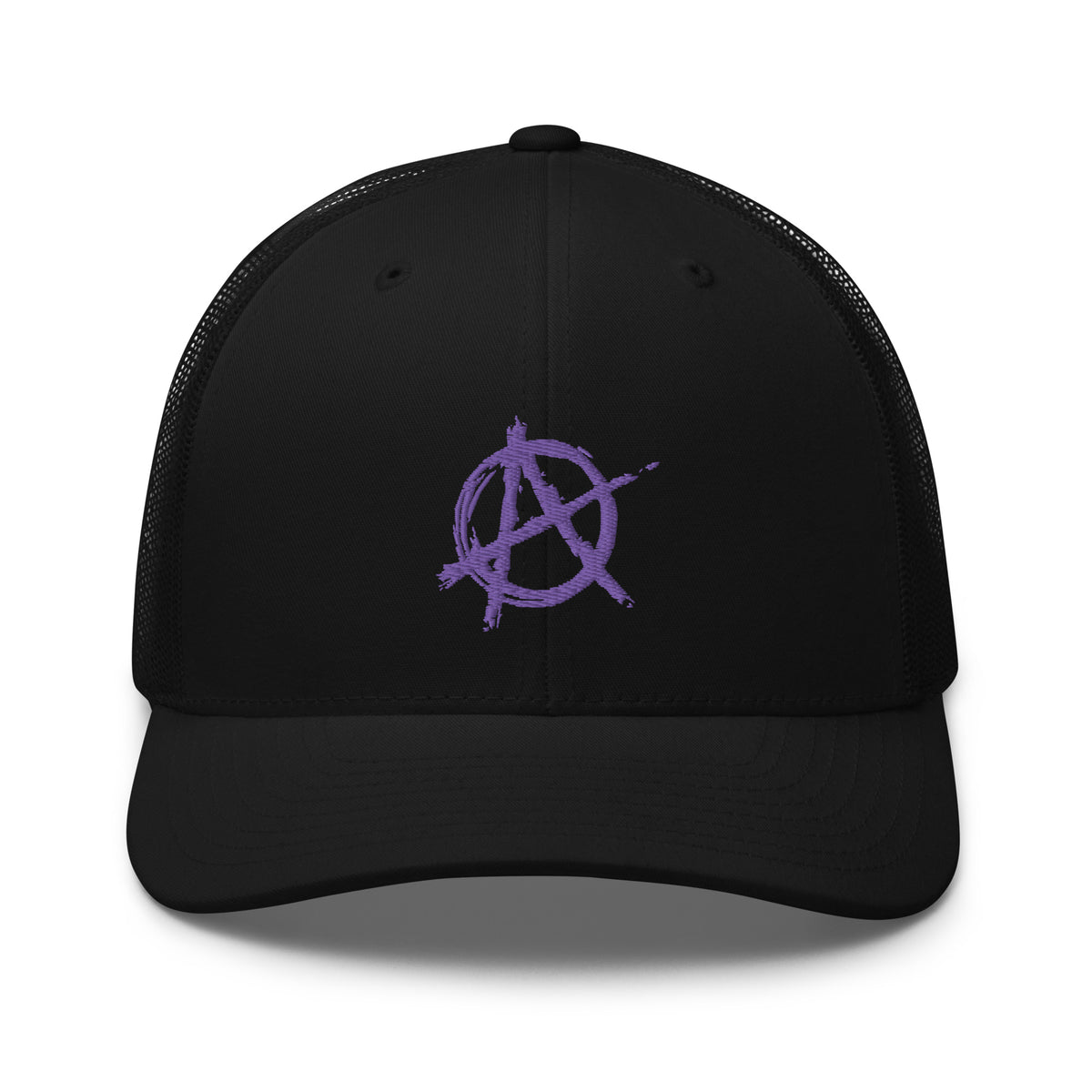 Black/ White trucker hat featuring Purple Anarchy Sign Punk Rock Chaos Embroidered Retro embroidered artwork, product image 2