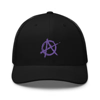 Black/ White trucker hat featuring Purple Anarchy Sign Punk Rock Chaos Embroidered Retro embroidered artwork, product image 2