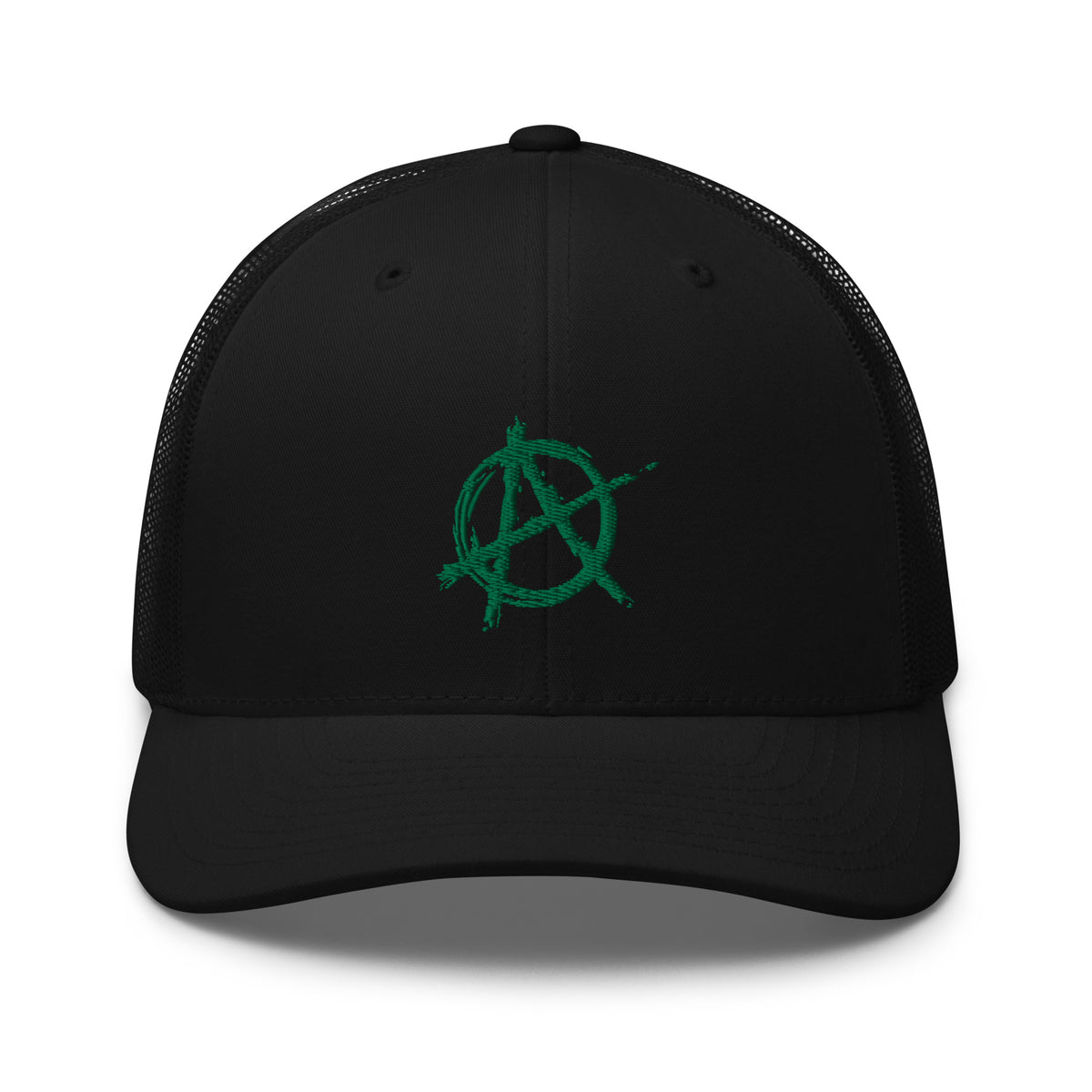 Black/ White trucker hat featuring Green Anarchy Sign Punk Rock Chaos Embroidered Retro embroidered artwork, product image 2