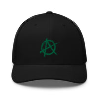 Black/ White trucker hat featuring Green Anarchy Sign Punk Rock Chaos Embroidered Retro embroidered artwork, product image 2