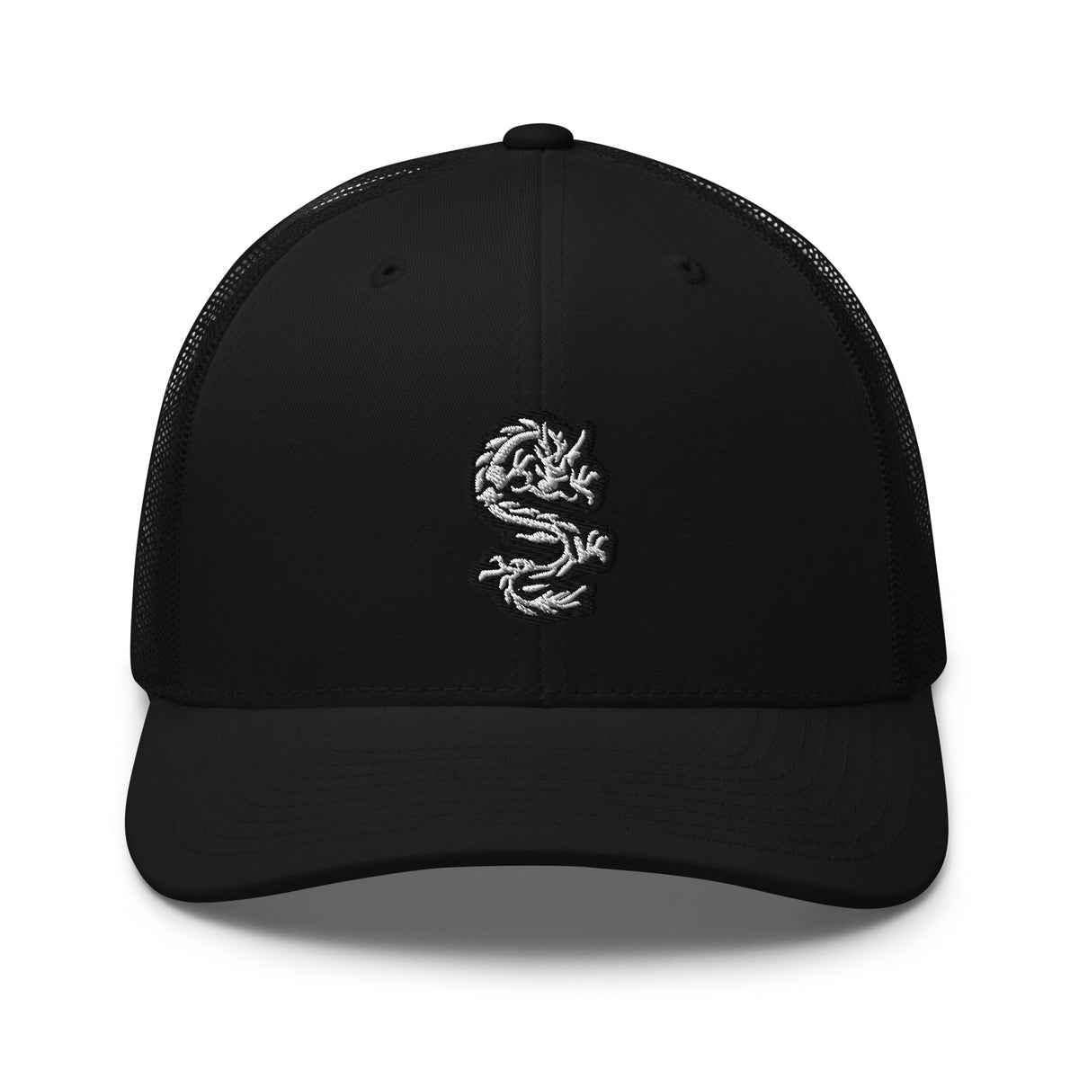 Black/ White trucker hat featuring White Ancient Chinese Dragon Embroidered Retro embroidered artwork, product image 2