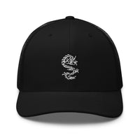 Black/ White trucker hat featuring White Ancient Chinese Dragon Embroidered Retro embroidered artwork, product image 2