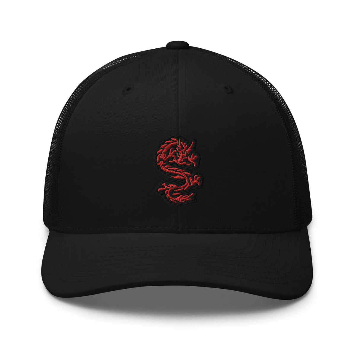 Black/ White trucker hat featuring Red Ancient Chinese Dragon Embroidered Retro embroidered artwork, product image 2