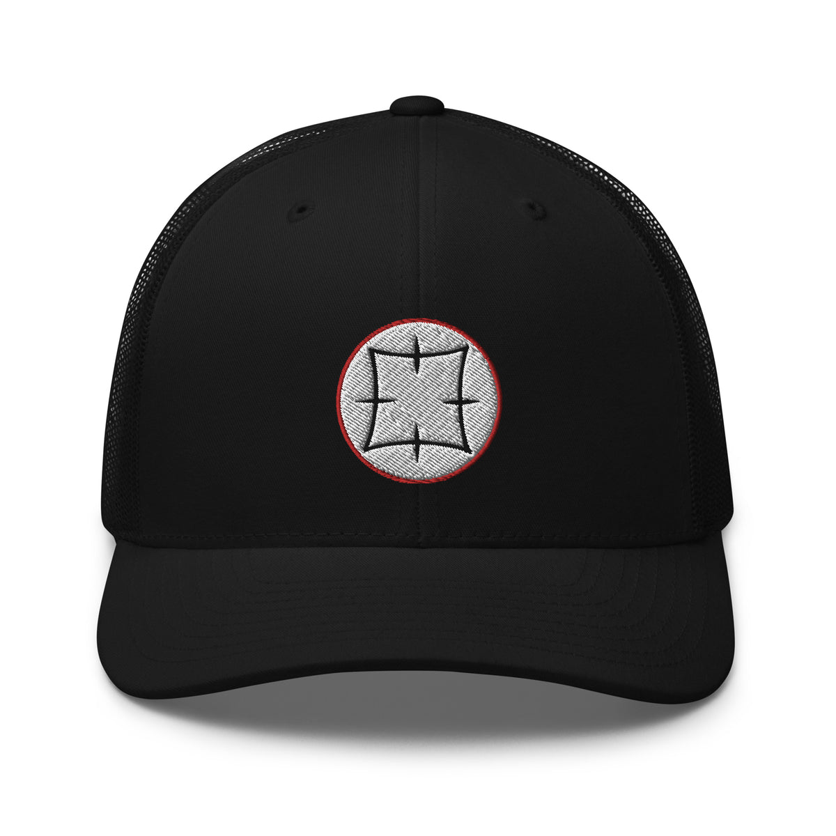 Black/ White trucker hat featuring Ancient Japanese Symbol Embroidered Samurai embroidered artwork, product image 2