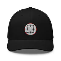Black/ White trucker hat featuring Ancient Japanese Symbol Embroidered Samurai embroidered artwork, product image 2