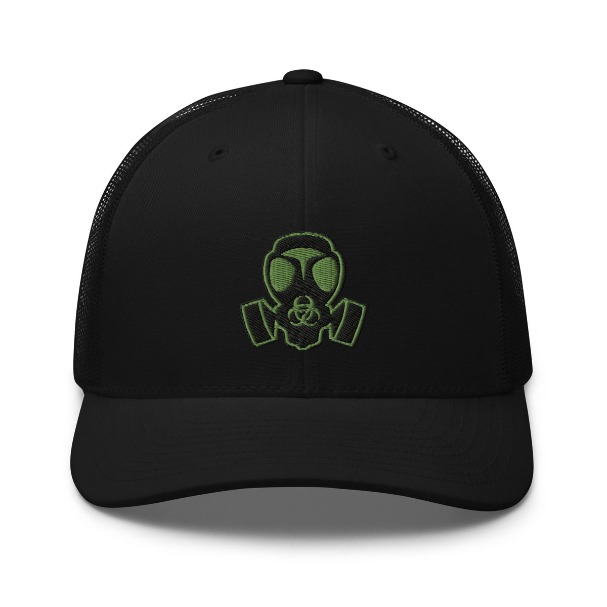 Black/ White trucker hat featuring Green Bio Hazard Gas Mask Embroidered Retro embroidered artwork, product image 2