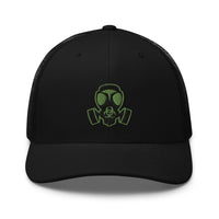 Black/ White trucker hat featuring Green Bio Hazard Gas Mask Embroidered Retro embroidered artwork, product image 2