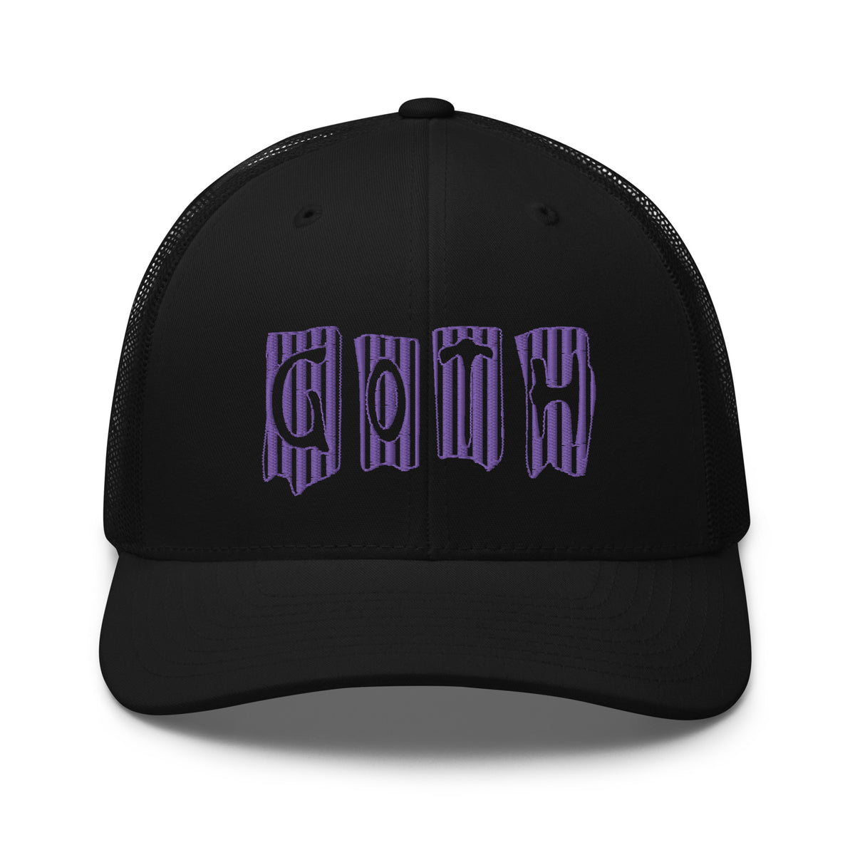 Black/ White trucker hat featuring Purple Vertical Stripe Goth embroidered artwork, product image 2