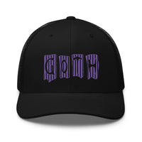 Black/ White trucker hat featuring Purple Vertical Stripe Goth embroidered artwork, product image 2