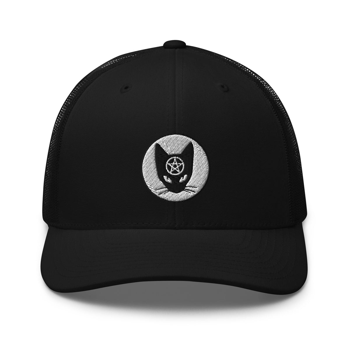 Black/ White trucker hat featuring Black Cat Wiccan Pentagram Embroidered Retro embroidered artwork, product image 2