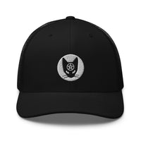 Black/ White trucker hat featuring Black Cat Wiccan Pentagram Embroidered Retro embroidered artwork, product image 2