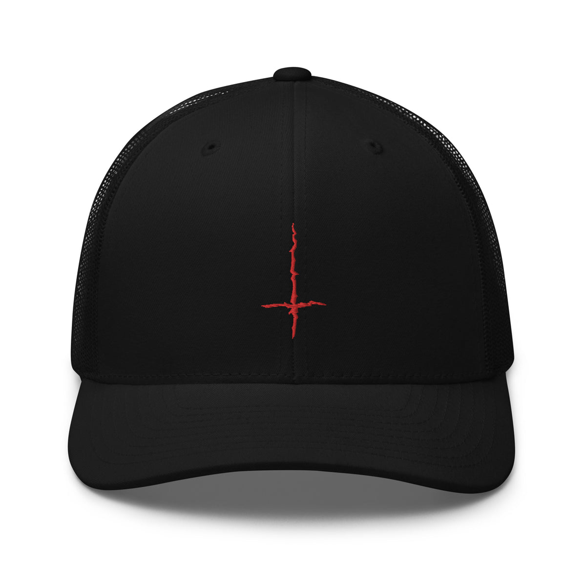 Black/ White trucker hat featuring Red Inverted Cross Black Metal Style embroidered artwork, product image 2