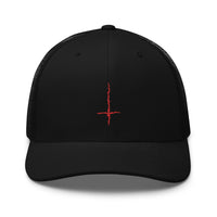 Black/ White trucker hat featuring Red Inverted Cross Black Metal Style embroidered artwork, product image 2