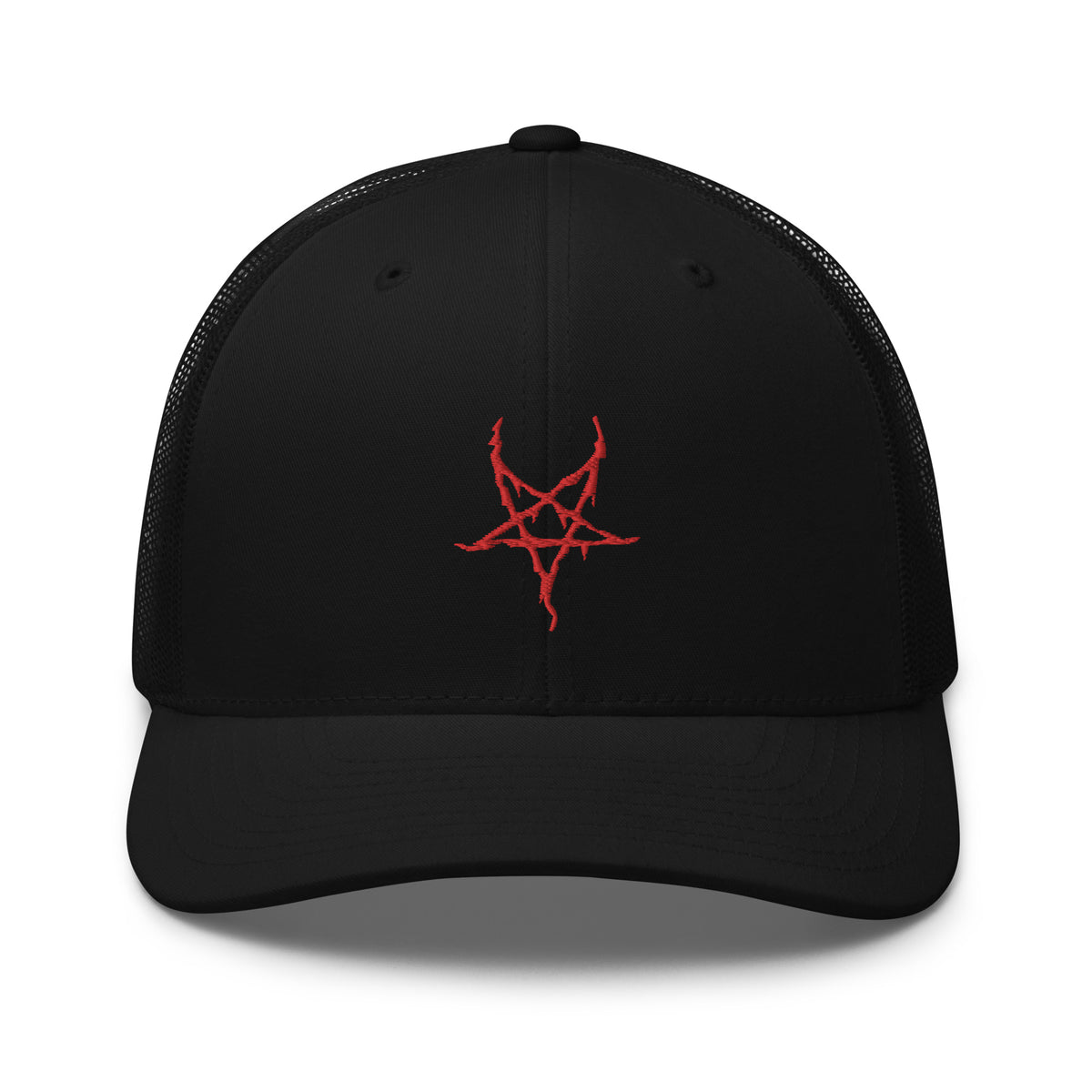 Black/ White trucker hat featuring Red Inverted Pentagram Black Metal Style embroidered artwork, product image 2