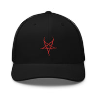 Black/ White trucker hat featuring Red Inverted Pentagram Black Metal Style embroidered artwork, product image 2