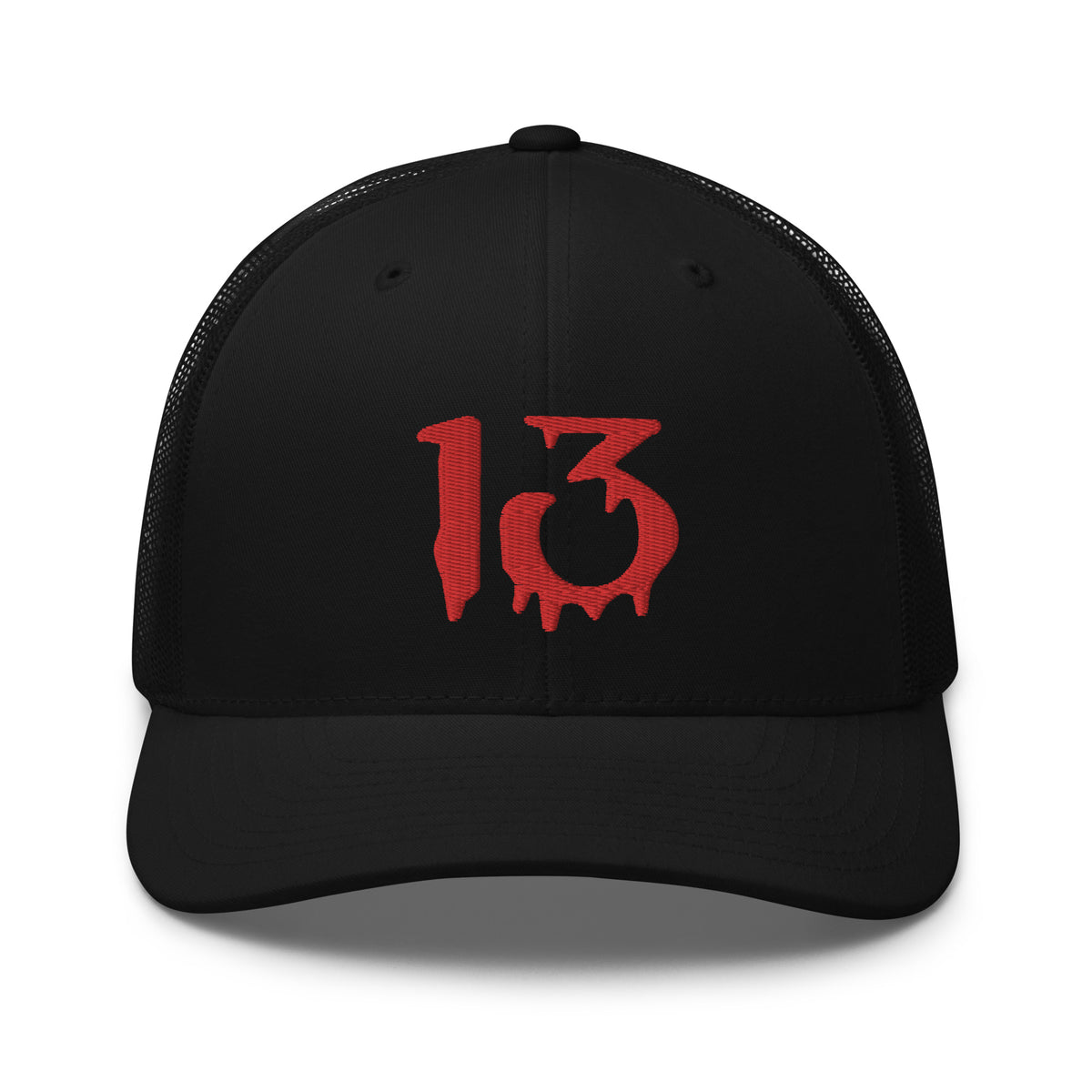Black/ White trucker hat featuring Bloody Number Thirteen 13 Lucky Halloween embroidered artwork, product image 2