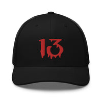 Black/ White trucker hat featuring Bloody Number Thirteen 13 Lucky Halloween embroidered artwork, product image 2