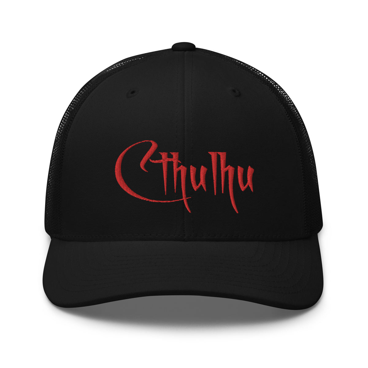 Black/ White trucker hat featuring Red Call of Cthulhu Great Old Ones embroidered artwork, product image 2