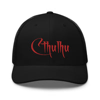 Black/ White trucker hat featuring Red Call of Cthulhu Great Old Ones embroidered artwork, product image 2