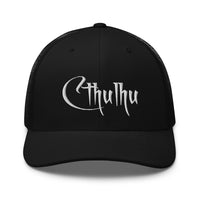 Black/ White trucker hat featuring White Call of Cthulhu Great Old Ones embroidered artwork, product image 2