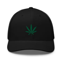 Black/ White trucker hat featuring Cannabis Pot Leaf Marijuana Embroidered Retro embroidered artwork, product image 2