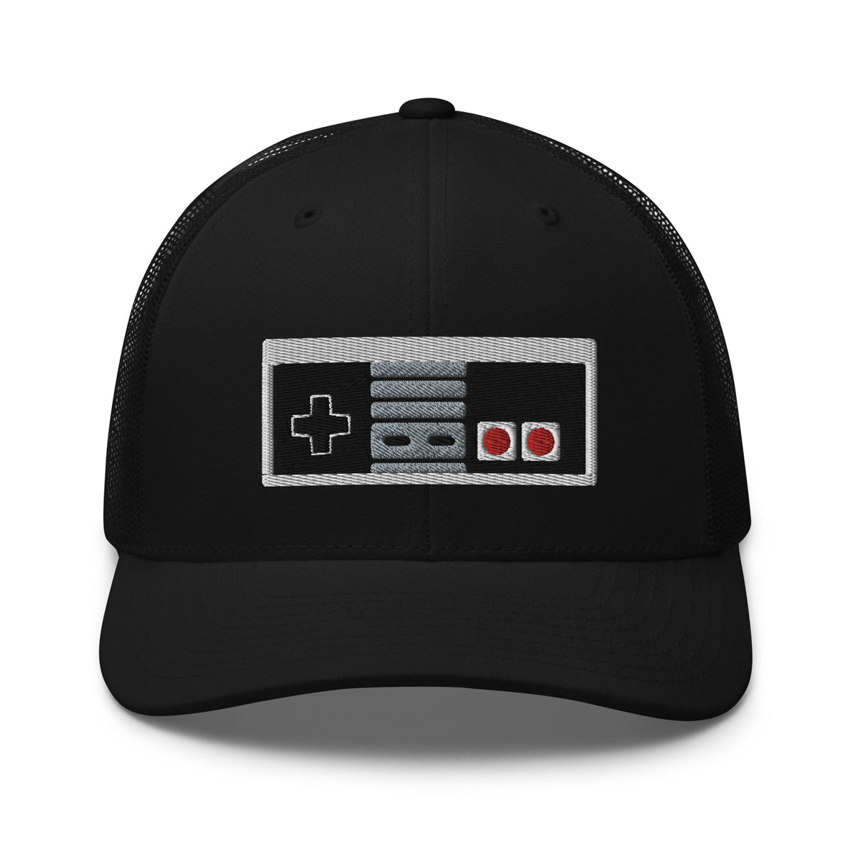 Black/ White trucker hat featuring Classic 80's Game Controller Embroidered Retro embroidered artwork, product image 2