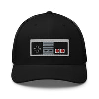 Black/ White trucker hat featuring Classic 80's Game Controller Embroidered Retro embroidered artwork, product image 2